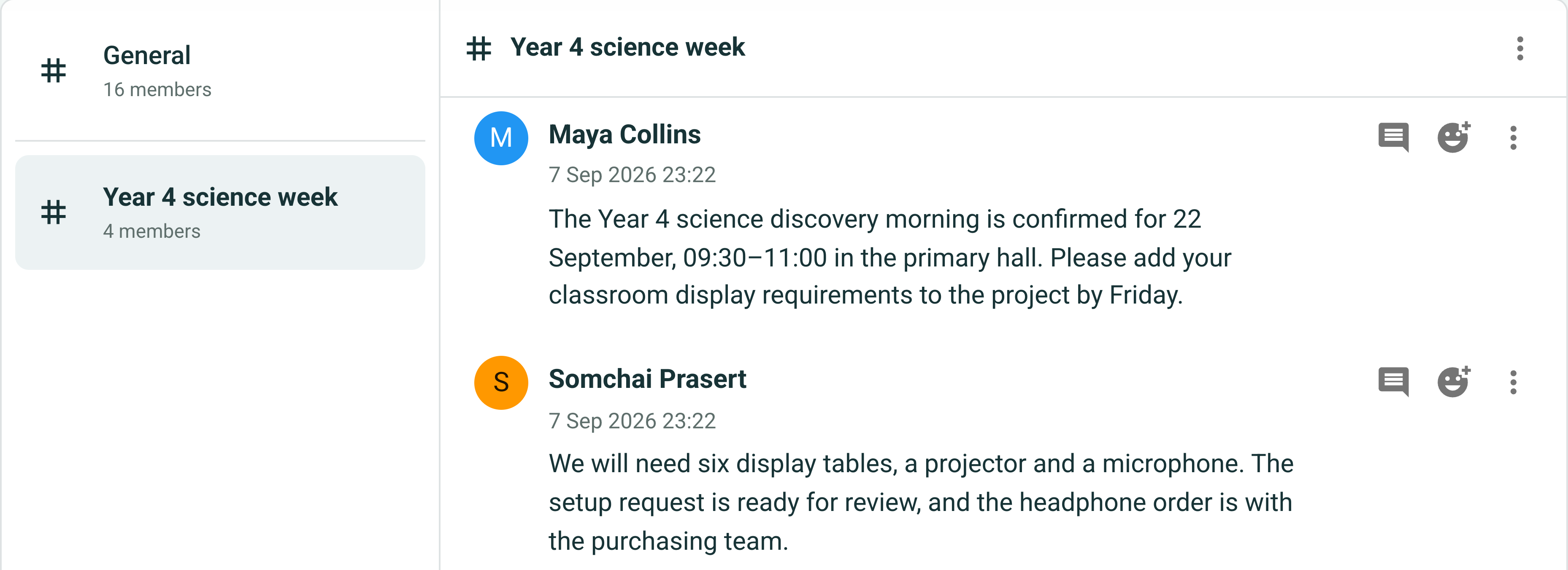 A school science week channel with staff discussing classroom preparation and museum visit arrangements.