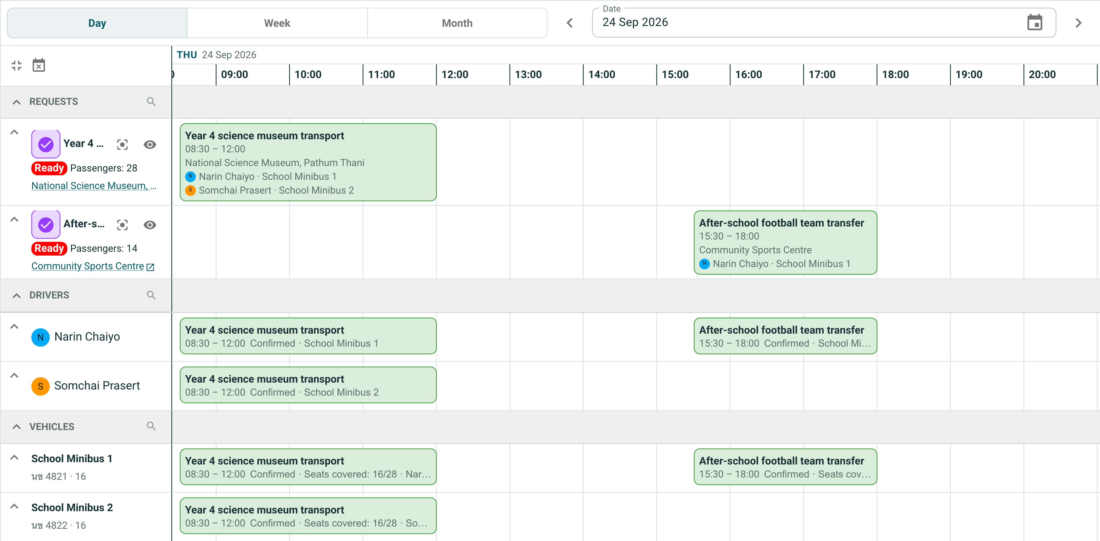 Workflow Fleet board showing school minibuses and drivers assigned to a Year 4 science museum visit and an after-school football trip.
