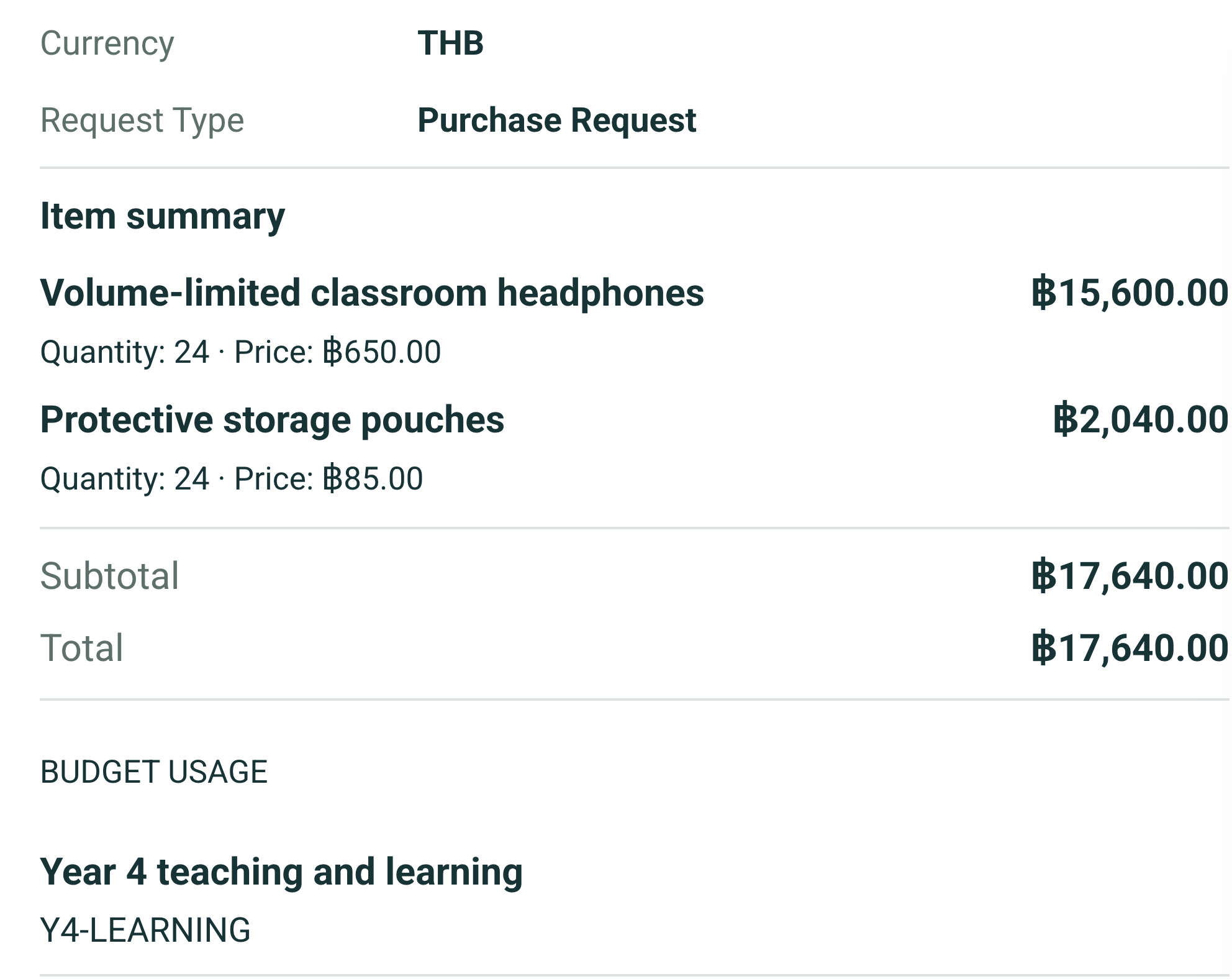 A school purchase request item summary for 24 classroom headphones and storage pouches, with quantities, prices, totals and the teaching budget.
