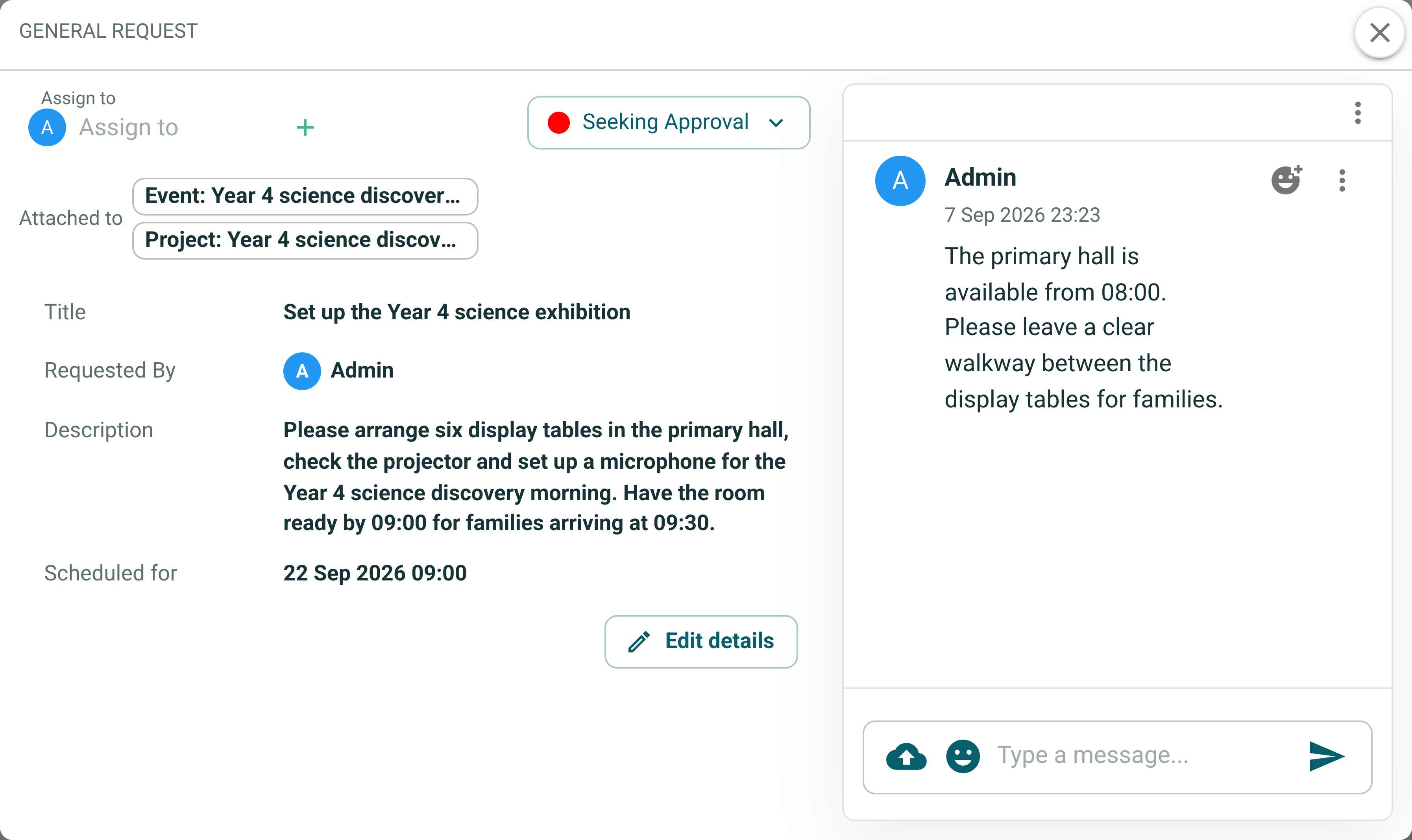 A school exhibition request with its schedule, linked event and project, and team conversation in Workflow.