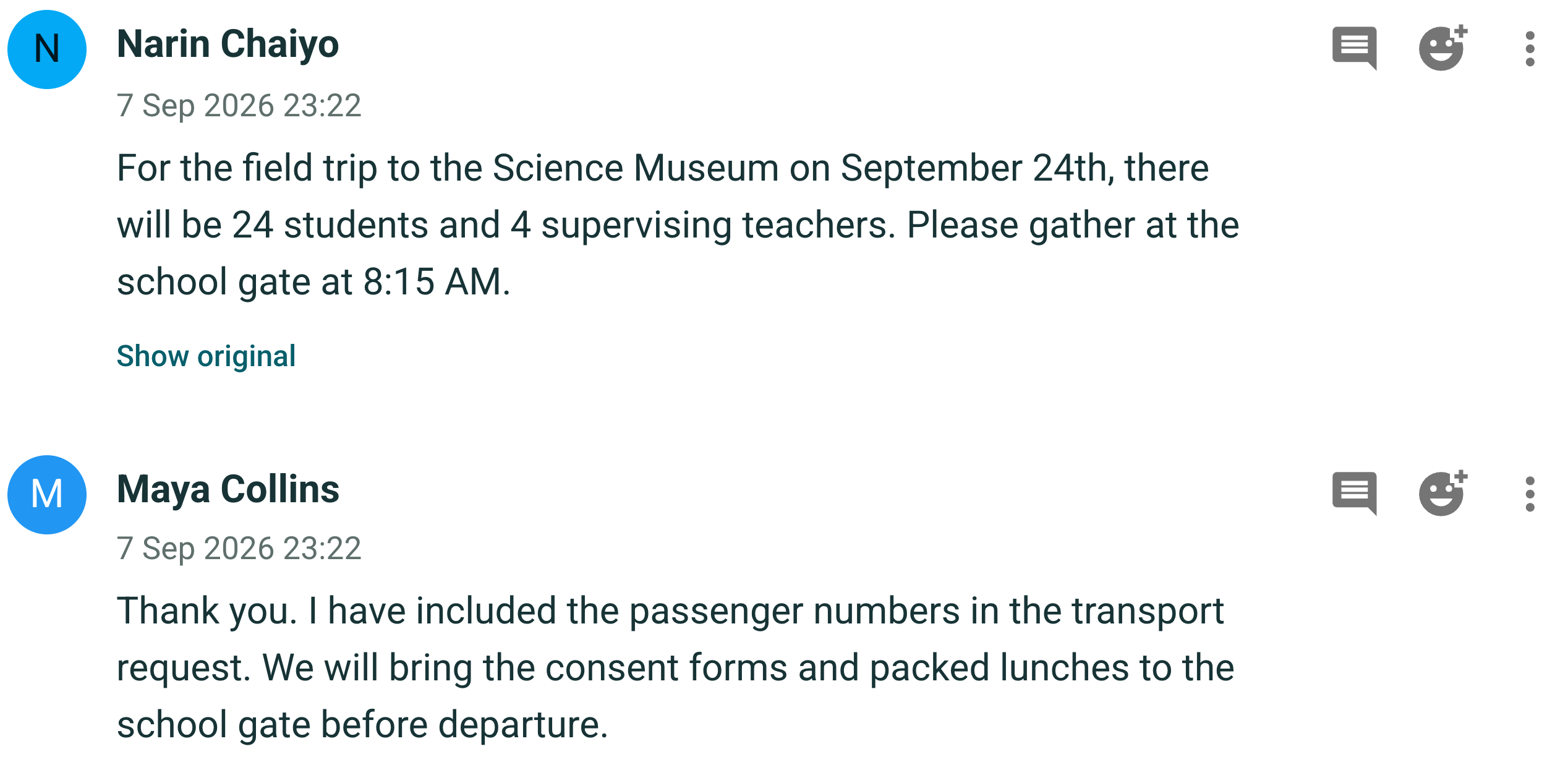 Workflow's translation tools in a bilingual school science week conversation.