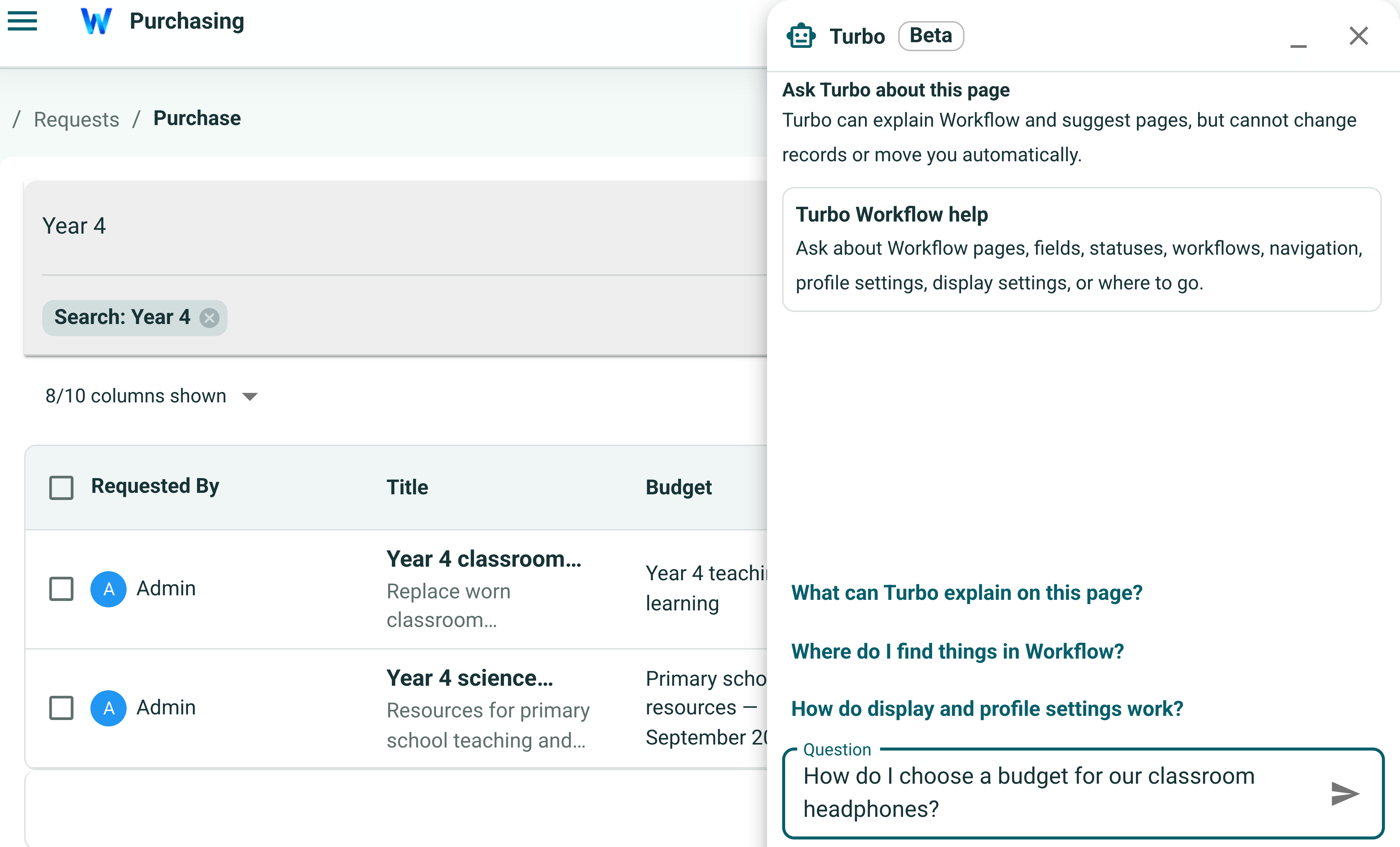 Turbo's in-app help panel with a question about choosing a budget for classroom headphones.