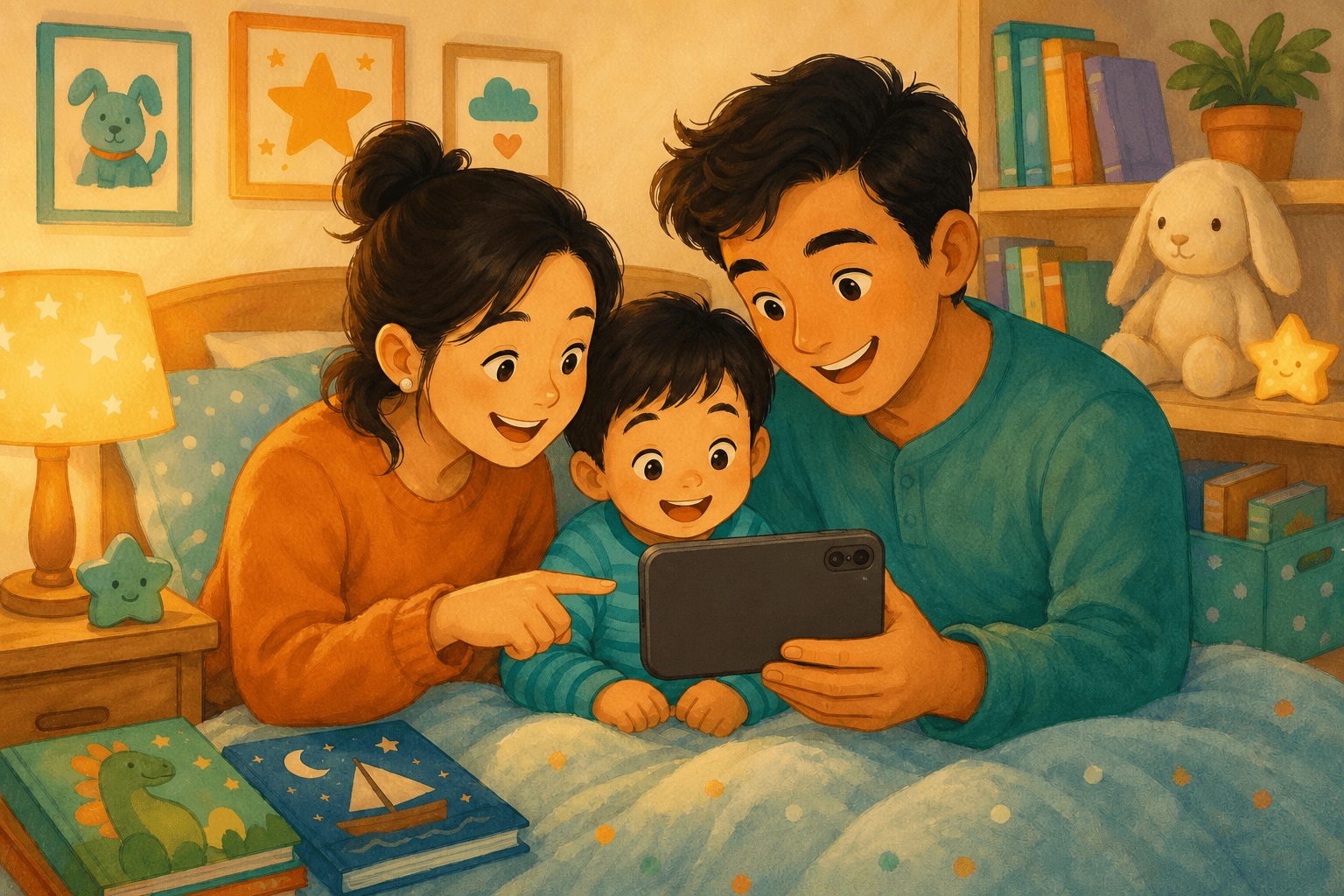 Parents and child reviewing a Peekadoo wordlist on a phone at bedtime
