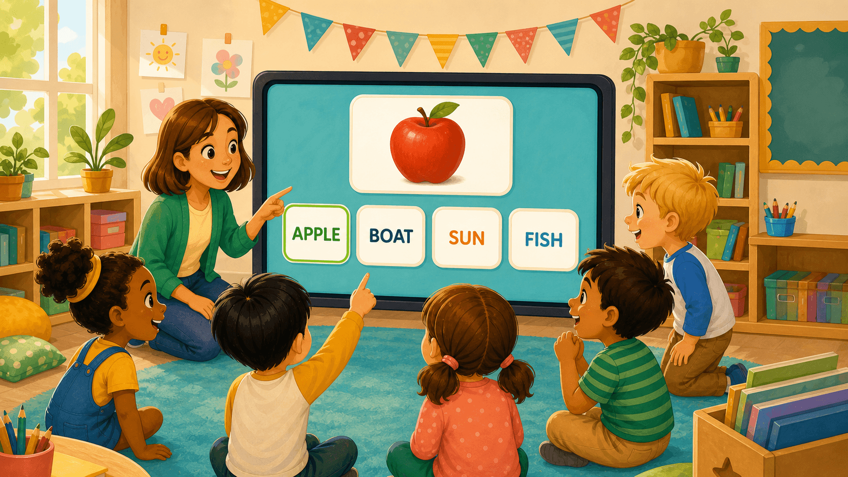 Peekadoo Word Match classroom game with children choosing the matching word card